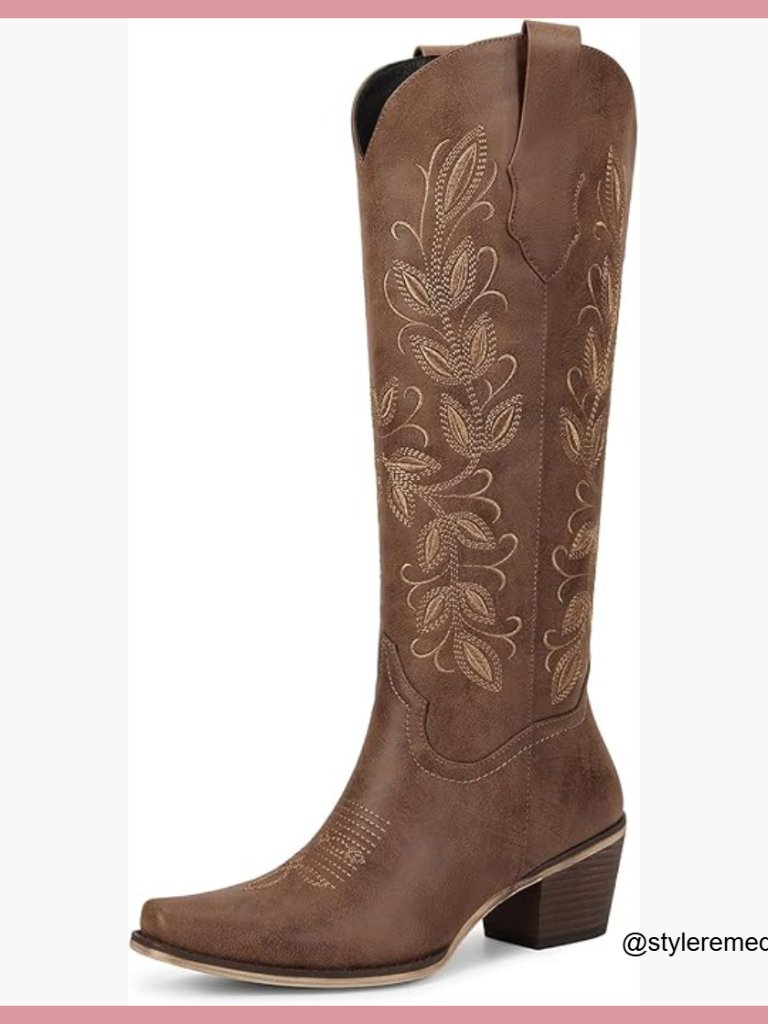 Knee High Cowboy Boots Square Toe Side Zipper Chunky Heel Faux Leather